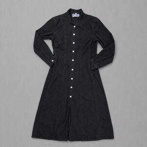 Vintage Denim Long Dress Women Medium Button Down Long Sleeve Black 90s Cottage